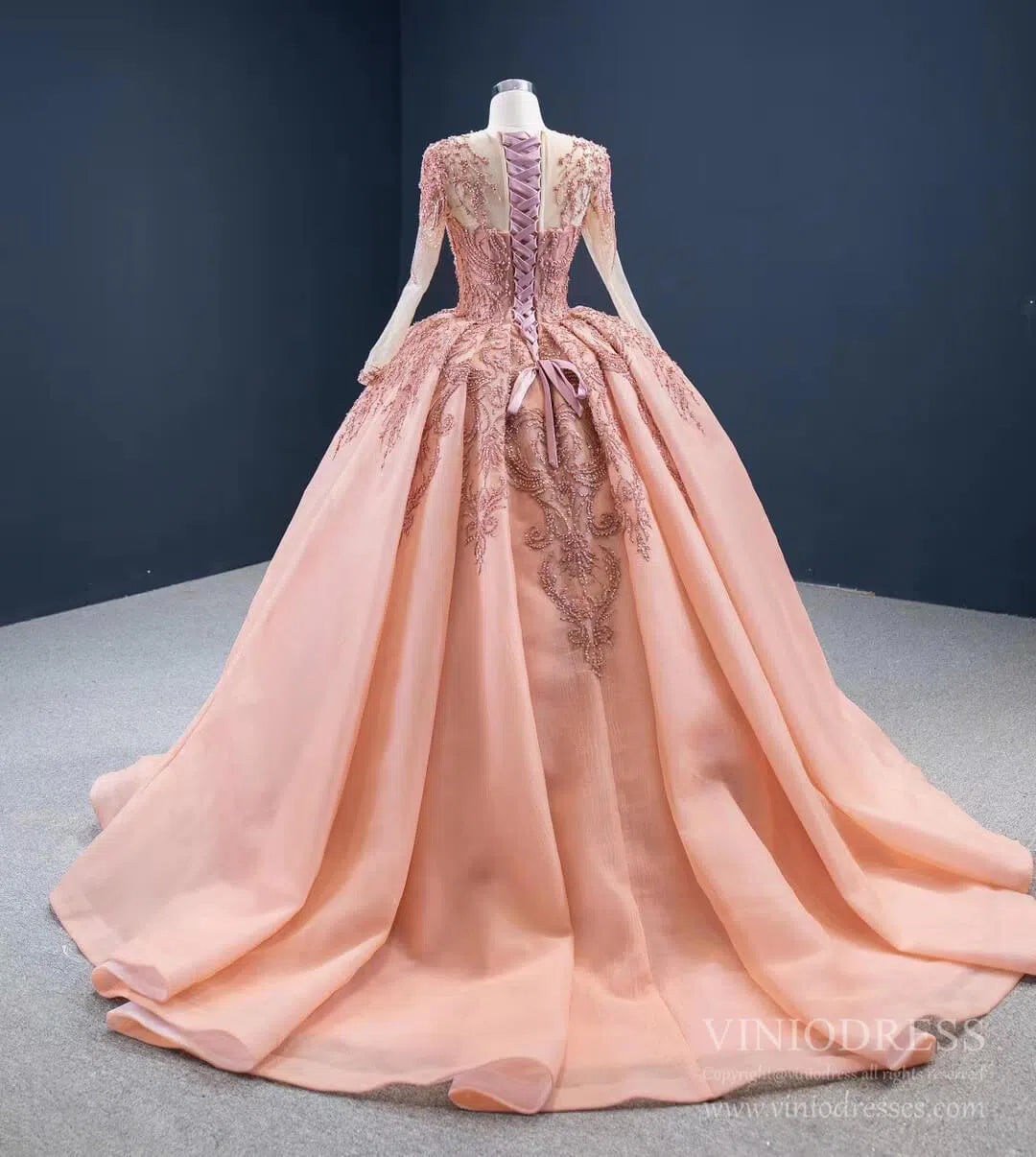 Vintage Beaded Quinceanera Dresses Long Sleeve Ball Gown Prom Dress viniodress-Quinceanera Dresses 2025 -Viniodress-Dusty Rose-Custom Size-