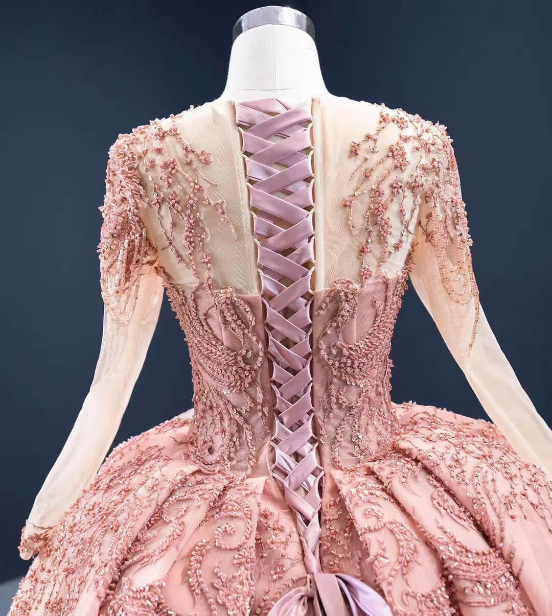 Vintage Beaded Quinceanera Dresses Long Sleeve Ball Gown Prom Dress viniodress-Quinceanera Dresses 2025 -Viniodress-Dusty Rose-Custom Size-