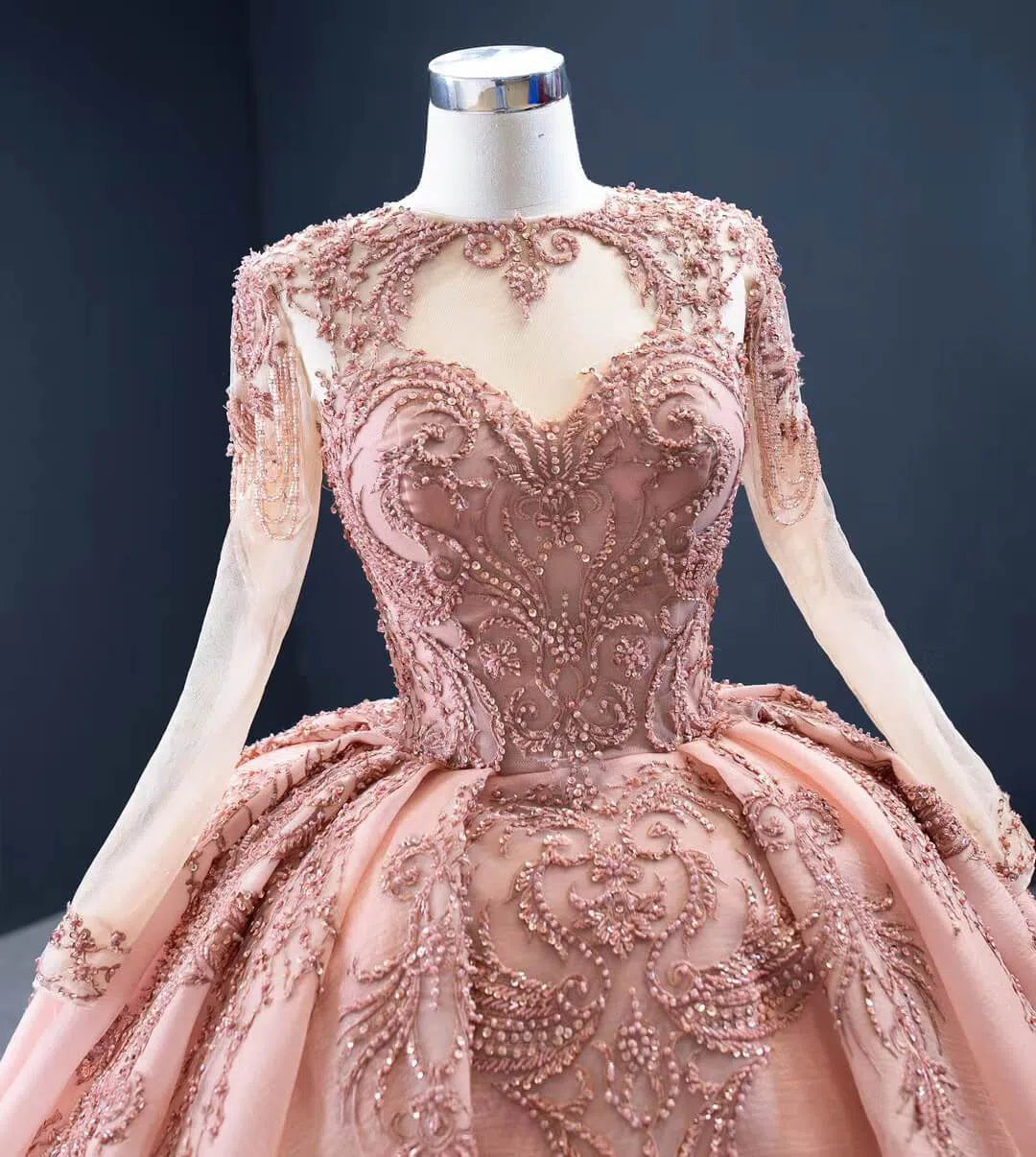 Vintage Beaded Quinceanera Dresses Long Sleeve Ball Gown Prom Dress viniodress-Quinceanera Dresses 2025 -Viniodress-Dusty Rose-Custom Size-
