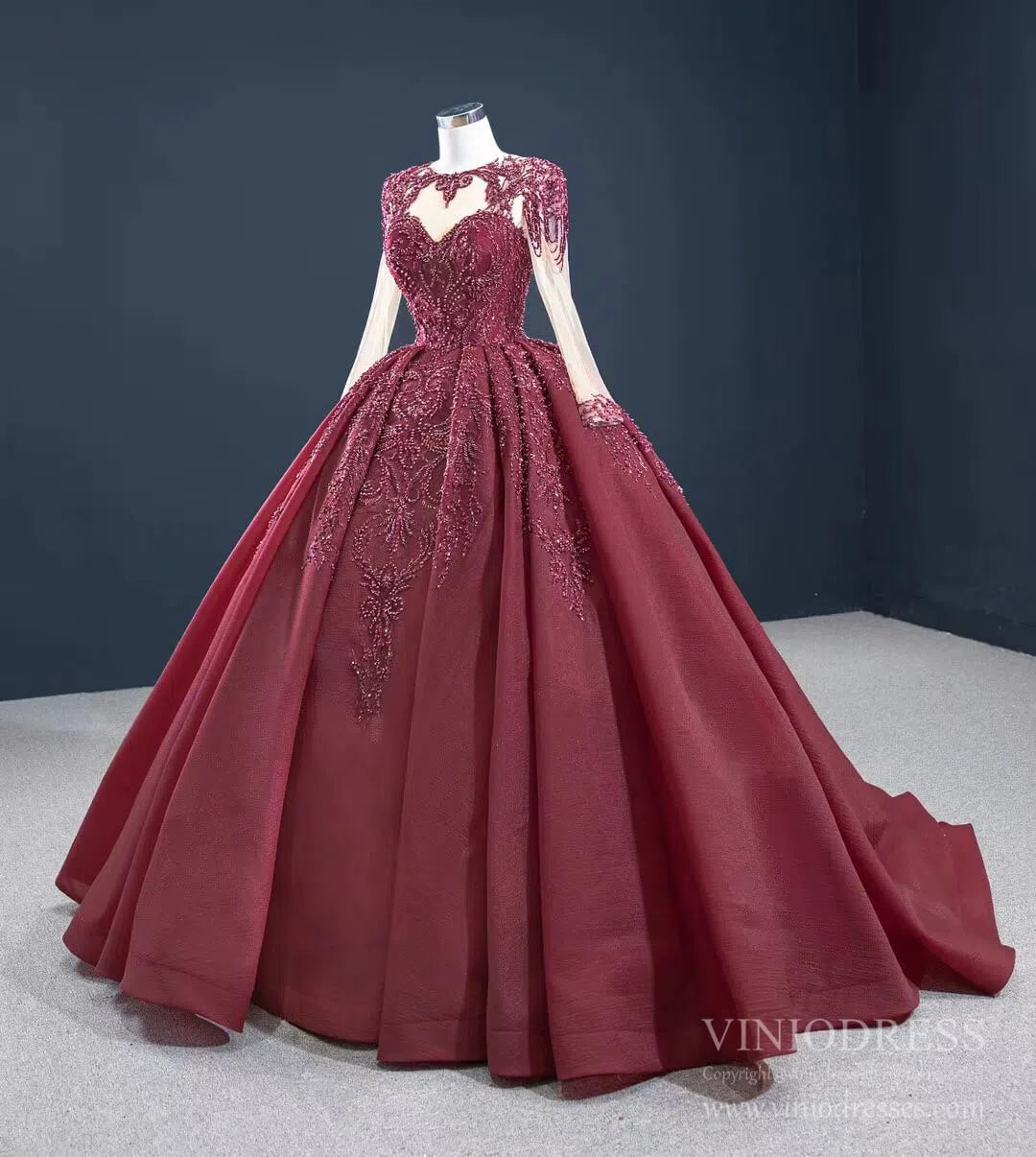Vintage Beaded Quinceanera Dresses Long Sleeve Ball Gown Prom Dress viniodress-Quinceanera Dresses 2025 -Viniodress-Dusty Rose-Custom Size-