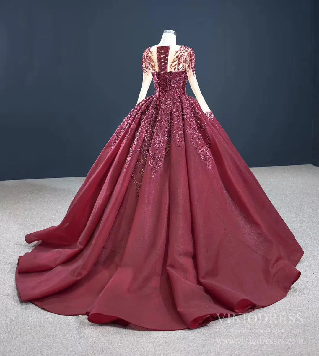 Vintage Beaded Quinceanera Dresses Long Sleeve Ball Gown Prom Dress viniodress-Quinceanera Dresses 2025 -Viniodress-Dusty Rose-Custom Size-