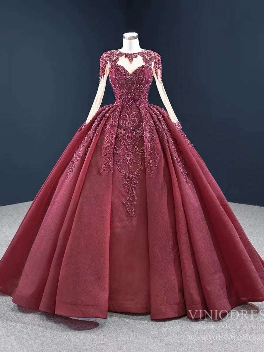 Vintage Beaded Quinceanera Dresses Long Sleeve Ball Gown Prom Dress viniodress-Quinceanera Dresses 2025 -Viniodress-Dusty Rose-Custom Size-