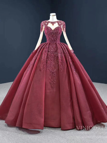 Vintage Beaded Quinceanera Dresses Long Sleeve Ball Gown Prom Dress viniodress-Quinceanera Dresses 2025 -Viniodress-Dusty Rose-Custom Size-