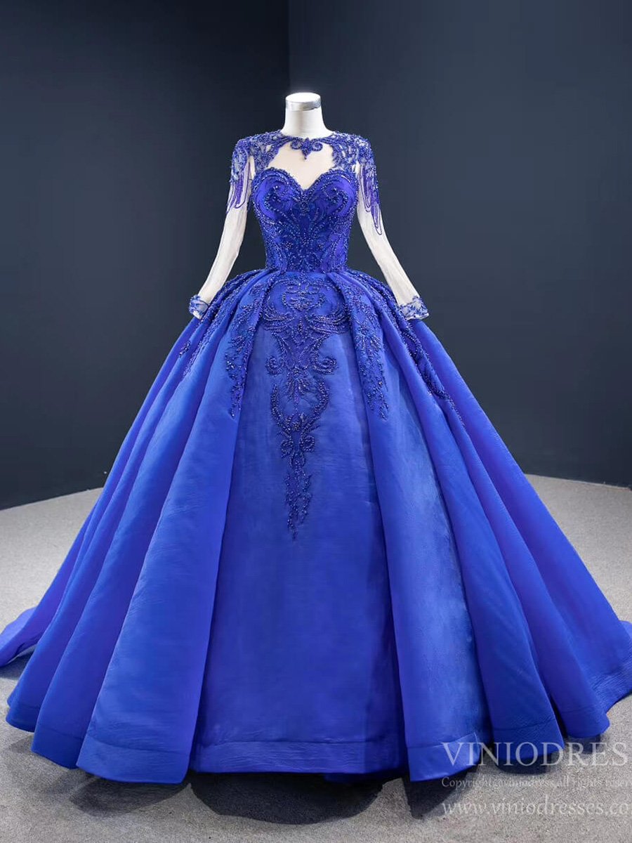 Vintage Beaded Quinceanera Dresses Long Sleeve Ball Gown Prom Dress viniodress-Quinceanera Dresses 2025 -Viniodress-Royal Blue-Custom Size-
