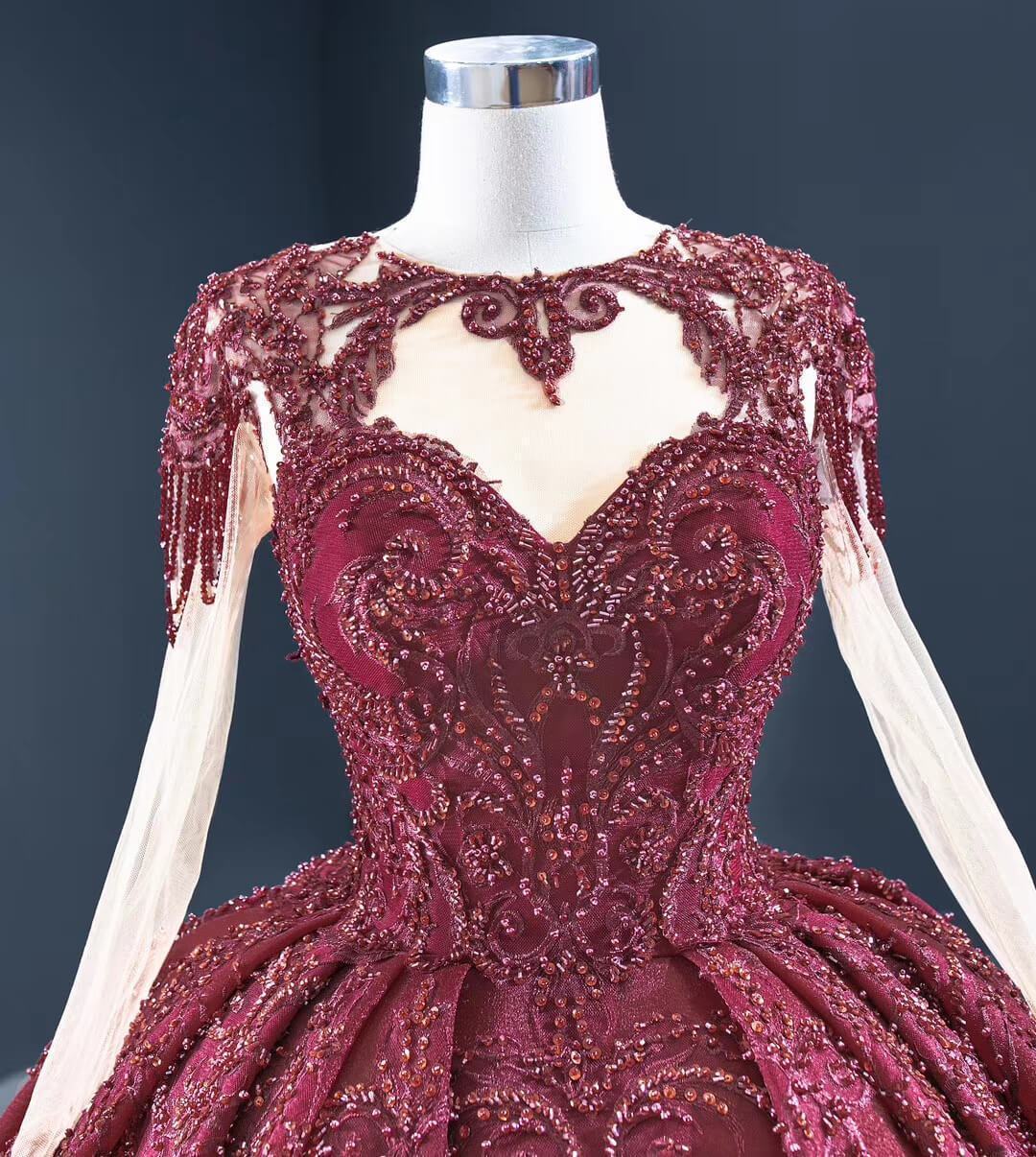 Prom Dress 2025 Vintage Beaded Quinceanera Dresses Long Sleeve Ball Gown Prom Dress viniodress-unique Quinceanera Dresses-Dusty Rose-Custom Size-Viniodress