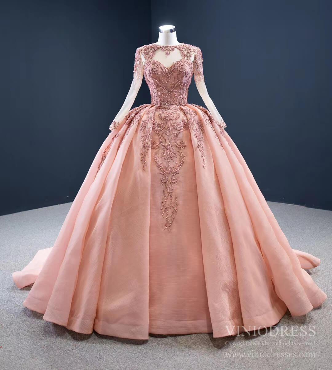 Prom Dress 2025 Vintage Beaded Quinceanera Dresses Long Sleeve Ball Gown Prom Dress viniodress-unique Quinceanera Dresses-Dusty Rose-Custom Size-Viniodress