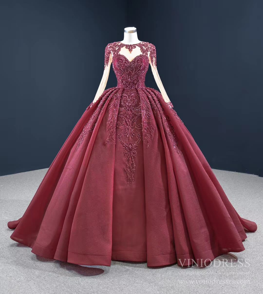 Prom Dress 2025 Vintage Beaded Quinceanera Dresses Long Sleeve Ball Gown Prom Dress viniodress-unique Quinceanera Dresses-Burgundy-Custom Size-Viniodress