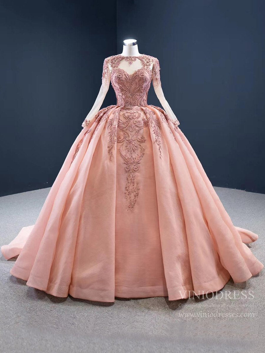 Prom Dress 2025 Vintage Beaded Quinceanera Dresses Long Sleeve Ball Gown Prom Dress viniodress-unique Quinceanera Dresses-Dusty Rose-Custom Size-Viniodress