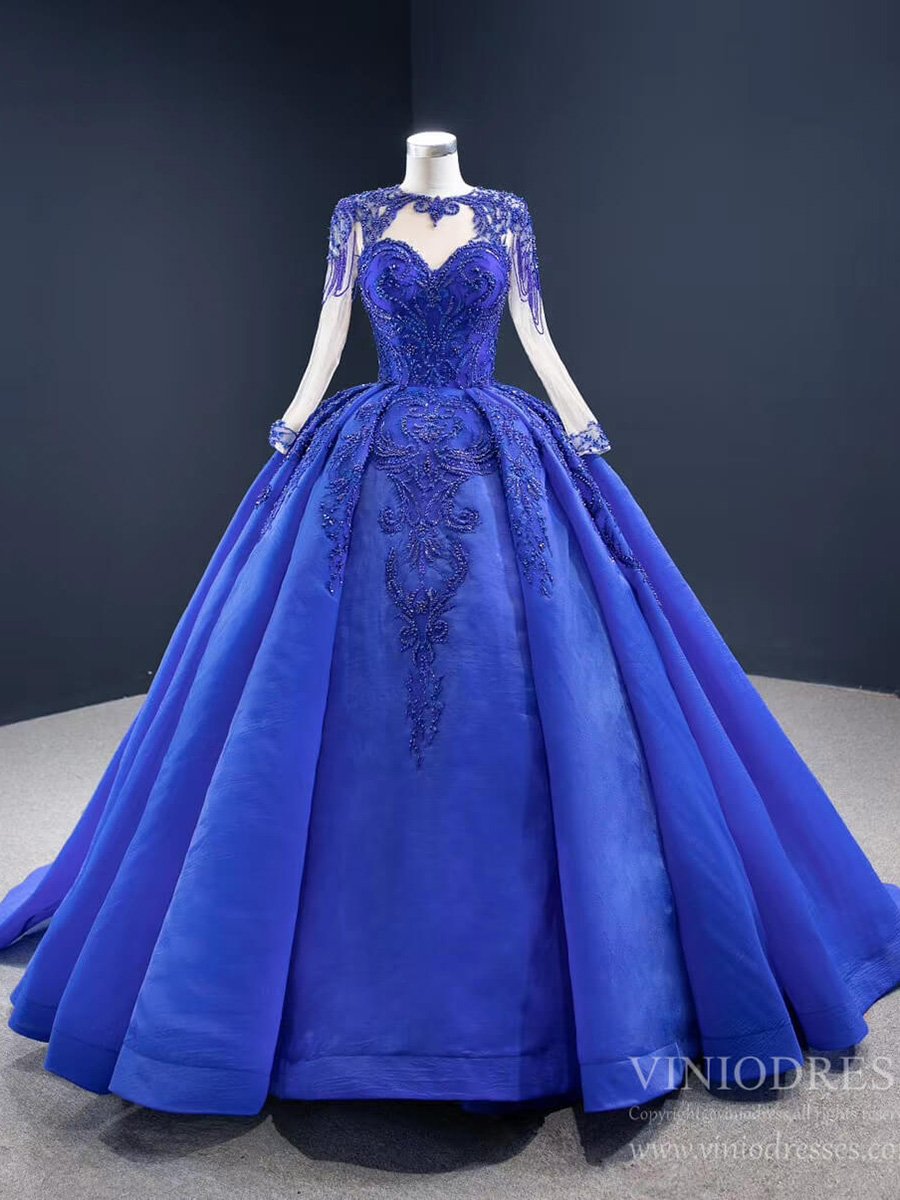 Prom Dress 2025 Vintage Beaded Quinceanera Dresses Long Sleeve Ball Gown Prom Dress viniodress-unique Quinceanera Dresses-Royal Blue-Custom Size-Viniodress