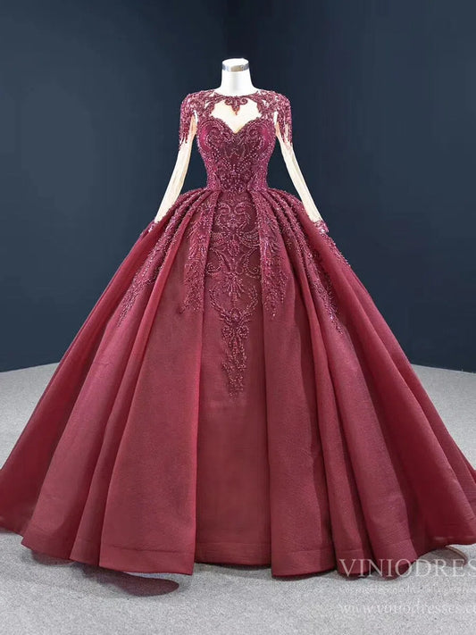 Quinceanera Dresses 2025 Vintage Beaded Quinceanera Dresses Long Sleeve Ball Gown Prom Dress viniodress-plus size wedding dresses Viniodress-Dusty Rose-Custom Size-