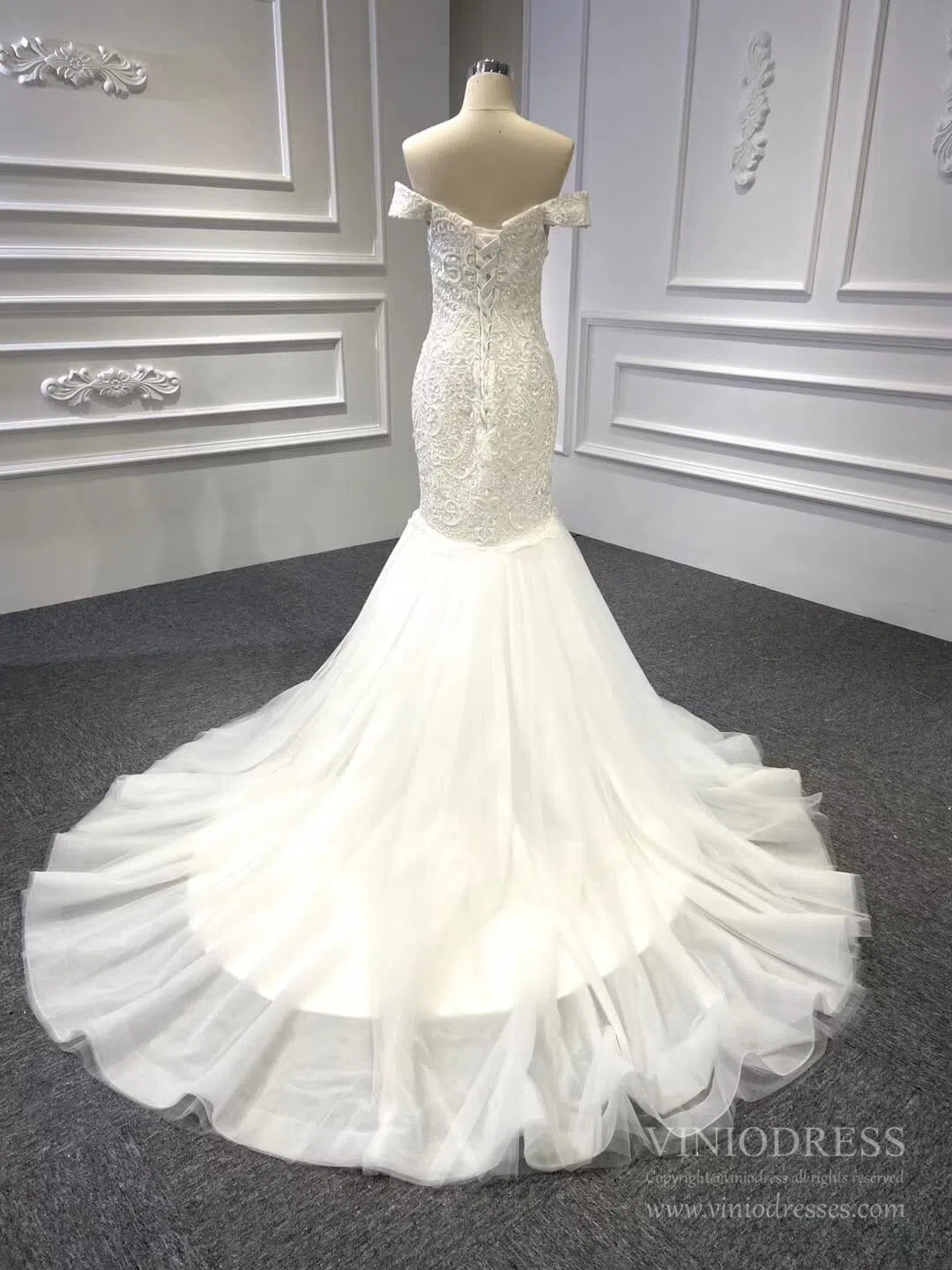 Vintage Beaded Trumpet Wedding Dresses Chapel Train VW1265-wedding dresses 2025 -Viniodress-Ivory-Custom Size-