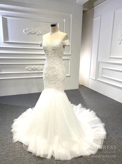 Vintage Beaded Trumpet Wedding Dresses Chapel Train VW1265-wedding dresses 2025 -Viniodress-Ivory-Custom Size-