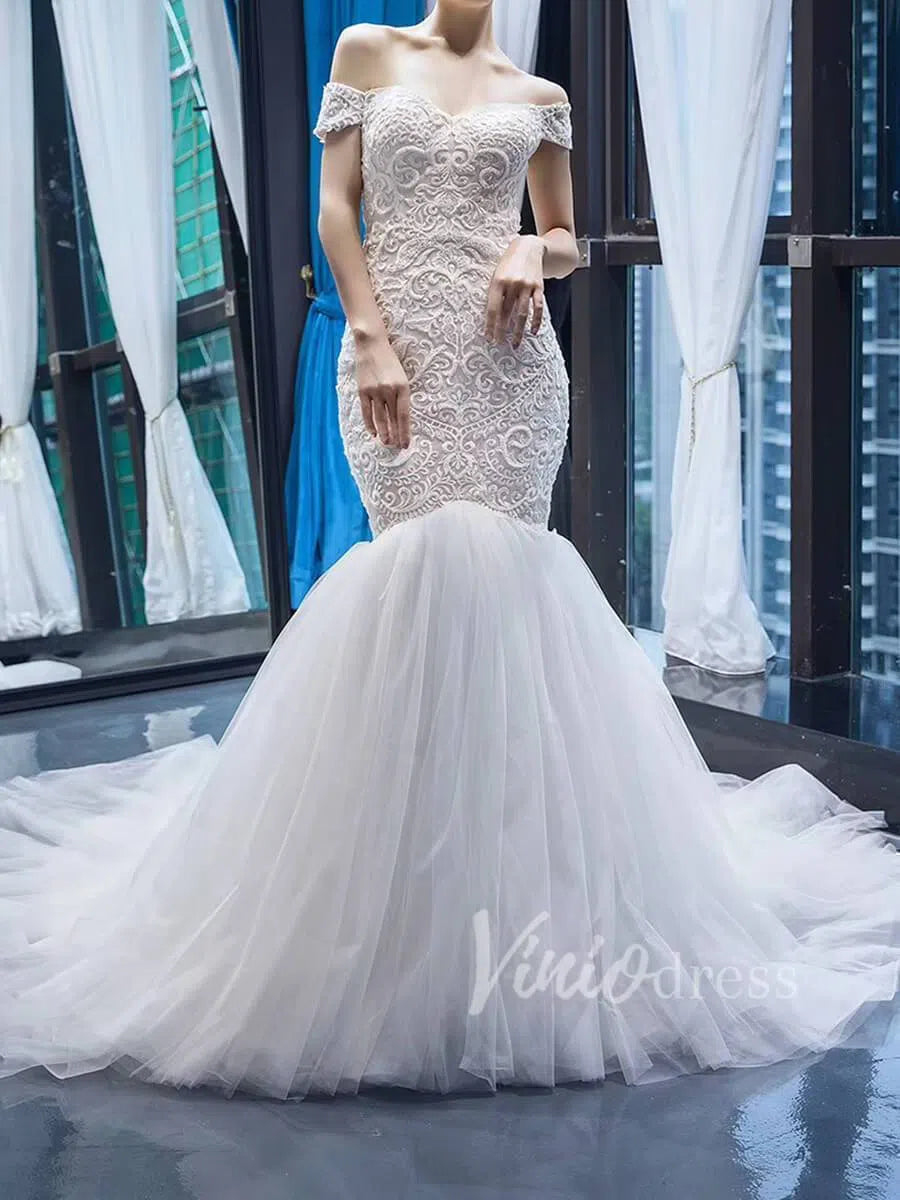 Vintage Beaded Trumpet Wedding Dresses Chapel Train VW1265-wedding dresses 2025 -Viniodress-Ivory-Custom Size-