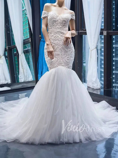 Vintage Beaded Trumpet Wedding Dresses Chapel Train VW1265-wedding dresses 2025 -Viniodress-Ivory-Custom Size-