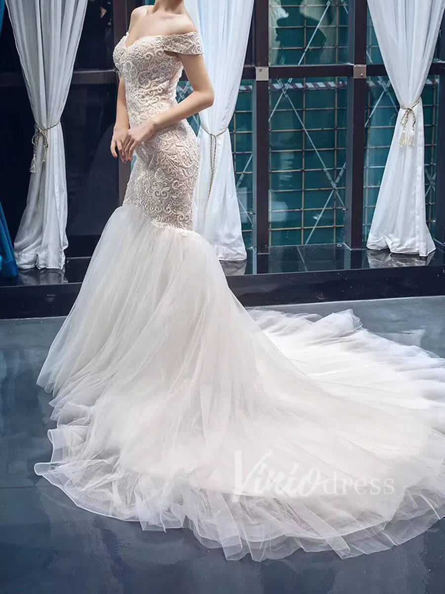 Vintage Beaded Trumpet Wedding Dresses Chapel Train VW1265-wedding dresses 2025 -Viniodress-Ivory-Custom Size-