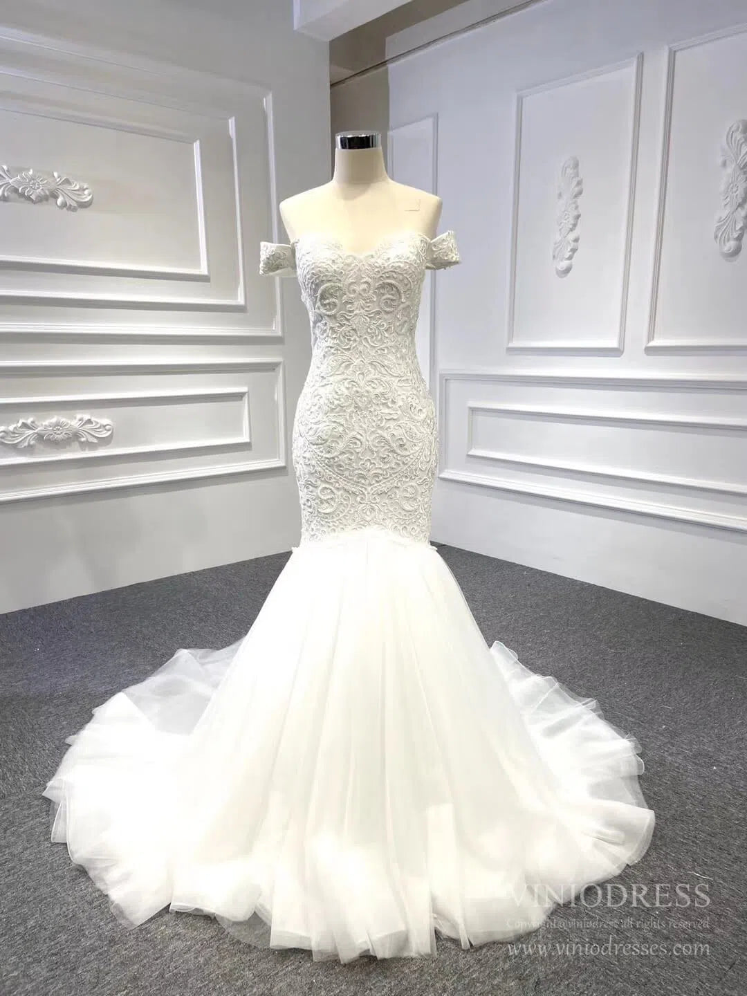 Vintage Beaded Trumpet Wedding Dresses Chapel Train VW1265-wedding dresses 2025 -Viniodress-Ivory-Custom Size-