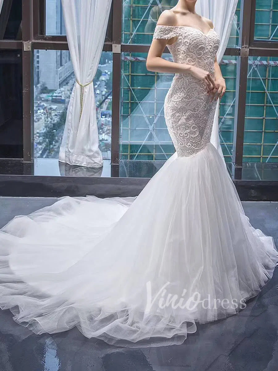 Vintage Beaded Trumpet Wedding Dresses Chapel Train VW1265-wedding dresses-Viniodress-Viniodress