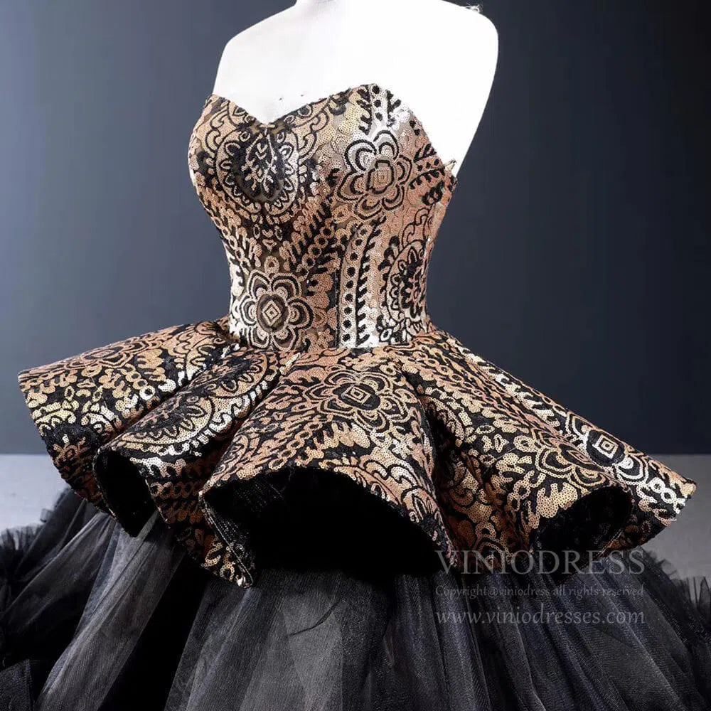 Vintage Black Quinceanera Dresses Haute Gold Sequin Ball Gowns FD1679 viniodress-Quinceanera Dresses 2025 -Viniodress-Black-Custom Size-