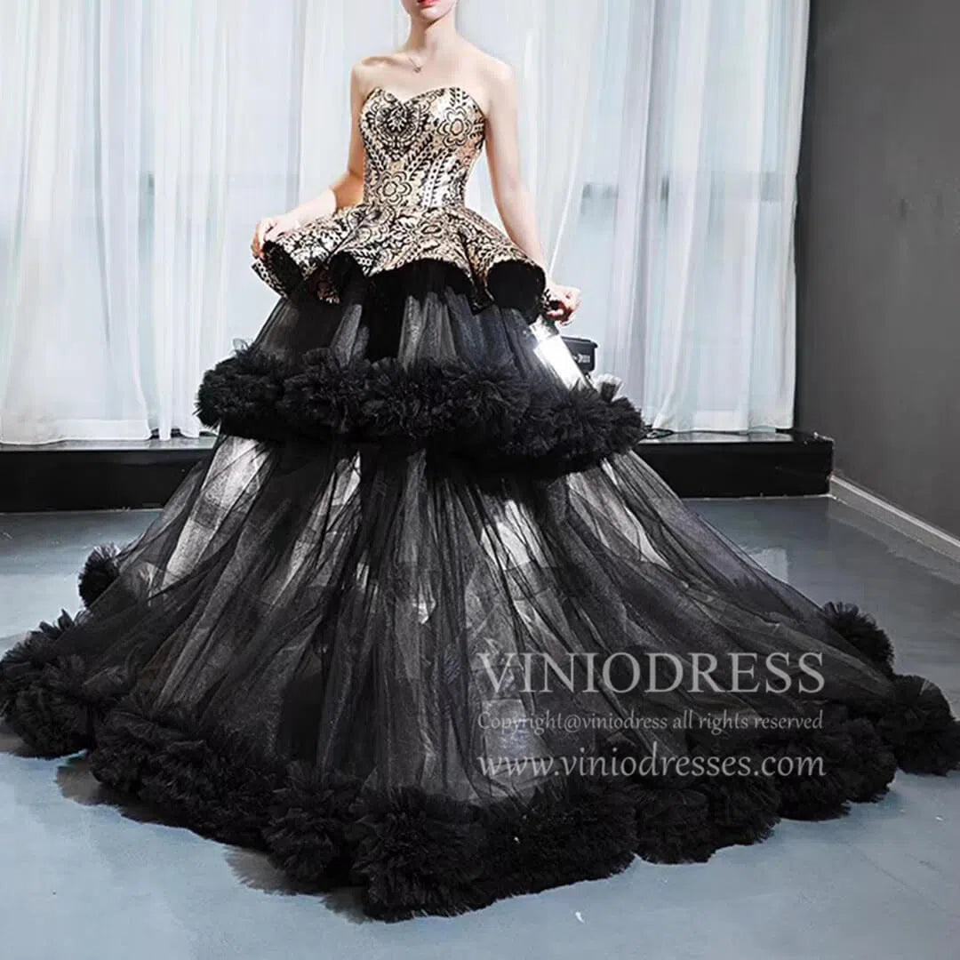 Vintage Black Quinceanera Dresses Haute Gold Sequin Ball Gowns FD1679 Viniodress Vintage Black Quinceanera Dresses Haute Gold Sequin Ball Gowns FD1679 Viniodress
