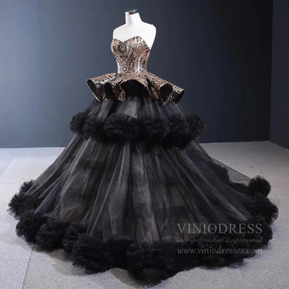 Vintage Black Quinceanera Dresses Haute Gold Sequin Ball Gowns FD1679 viniodress-Quinceanera Dresses 2025 -Viniodress-Black-Custom Size-