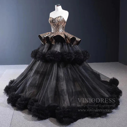 Vintage Black Quinceanera Dresses Haute Gold Sequin Ball Gowns FD1679 viniodress-Quinceanera Dresses 2025 -Viniodress-Black-Custom Size-