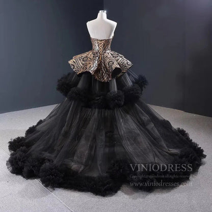 Vintage Black Quinceanera Dresses Haute Gold Sequin Ball Gowns FD1679 viniodress-Quinceanera Dresses 2025 -Viniodress-Black-Custom Size-