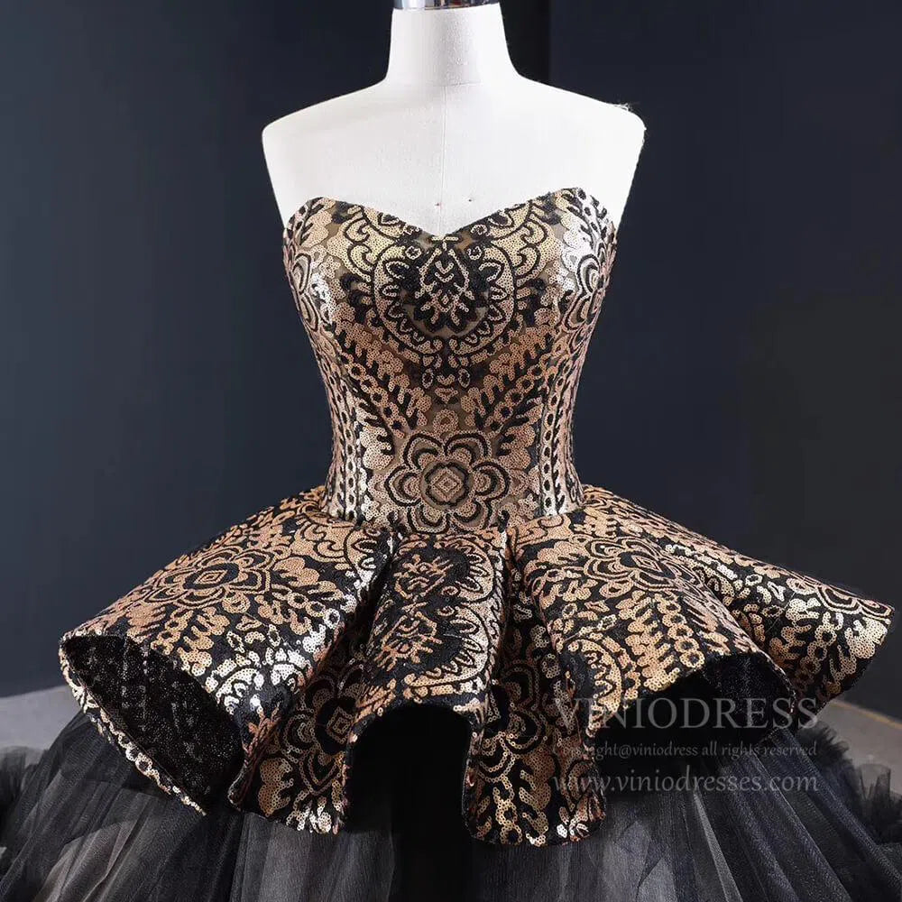 Vintage Black Quinceanera Dresses Haute Gold Sequin Ball Gowns FD1679 viniodress-Quinceanera Dresses 2025 -Viniodress-Black-Custom Size-