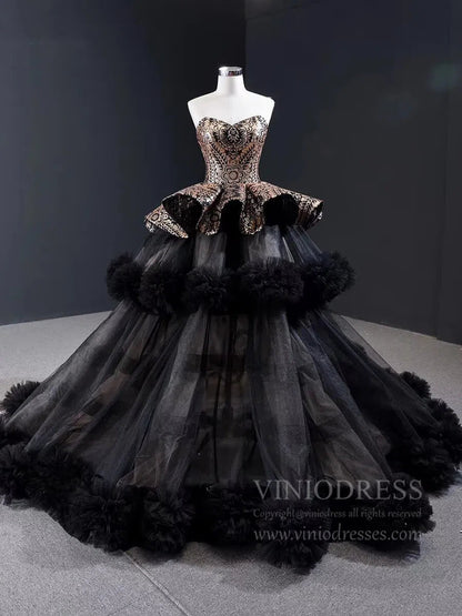 Vintage Black Quinceanera Dresses Haute Gold Sequin Ball Gowns FD1679 viniodress-Quinceanera Dresses 2025 -Viniodress-Black-Custom Size-