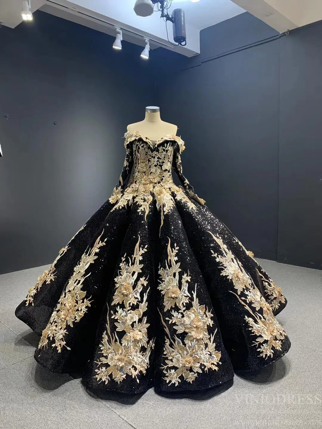 Vintage Black Wedding Dress FD1109 Off Shoulder Long Sleeves-Quinceanera Dresses 2025 -Viniodress-Black-Custom Size-