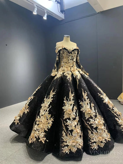 Vintage Black Wedding Dress FD1109 Off Shoulder Long Sleeves-Quinceanera Dresses 2025 -Viniodress-Green-Custom Size-