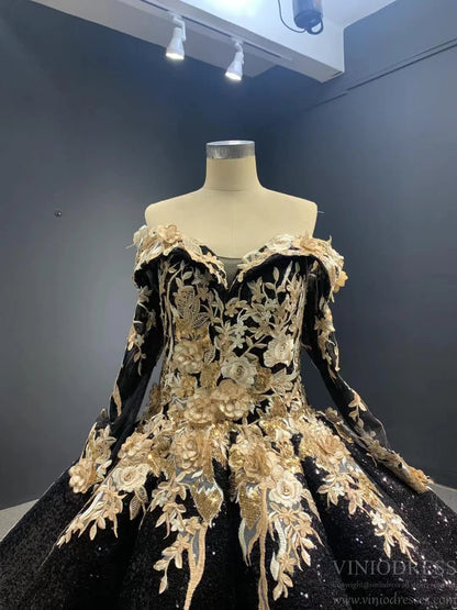 Vintage Black Wedding Dress FD1109 Off Shoulder Long Sleeves-Quinceanera Dresses 2025 -Viniodress-Green-Custom Size-