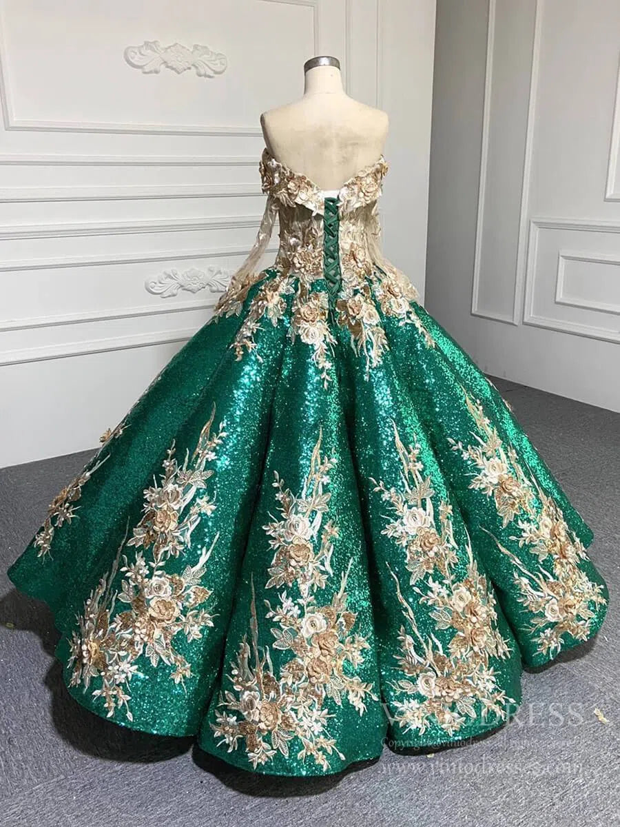 Quinceanera Dresses 2025 Vintage Black Wedding Dress FD1109 Off Shoulder Long Sleeves-plus size wedding dresses Viniodress-Green-Custom Size-