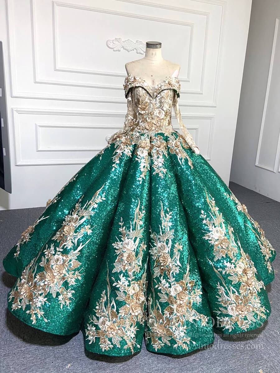 Prom Dress 2025 Vintage Black Wedding Dress FD1109 Off Shoulder Long Sleeves-unique Quinceanera Dresses-Green-Custom Size-Viniodress