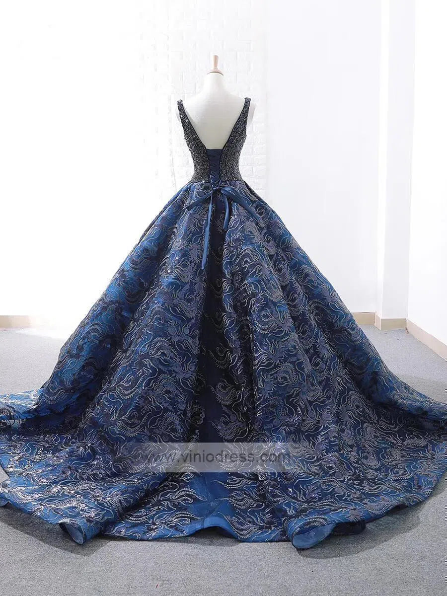 Vintage Blue Lace Long Prom Dresses Beading Quinceanera Dresses FD1126 viniodress-prom dresses-Viniodress-Viniodress