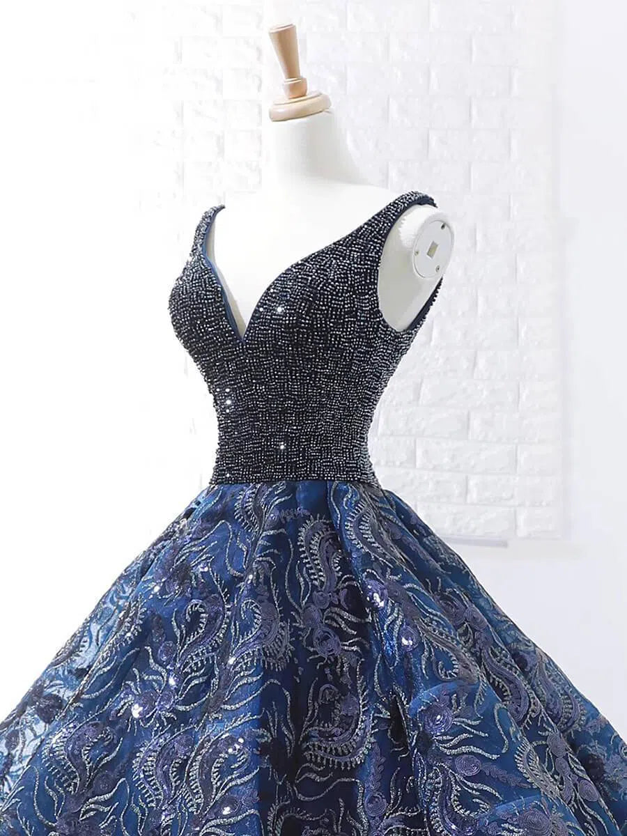 Prom Dress 2025 Vintage Blue Lace Long Prom Dresses Beading Quinceanera Dresses FD1126 viniodress-unique prom dresses-Navy Blue-US 2-Viniodress