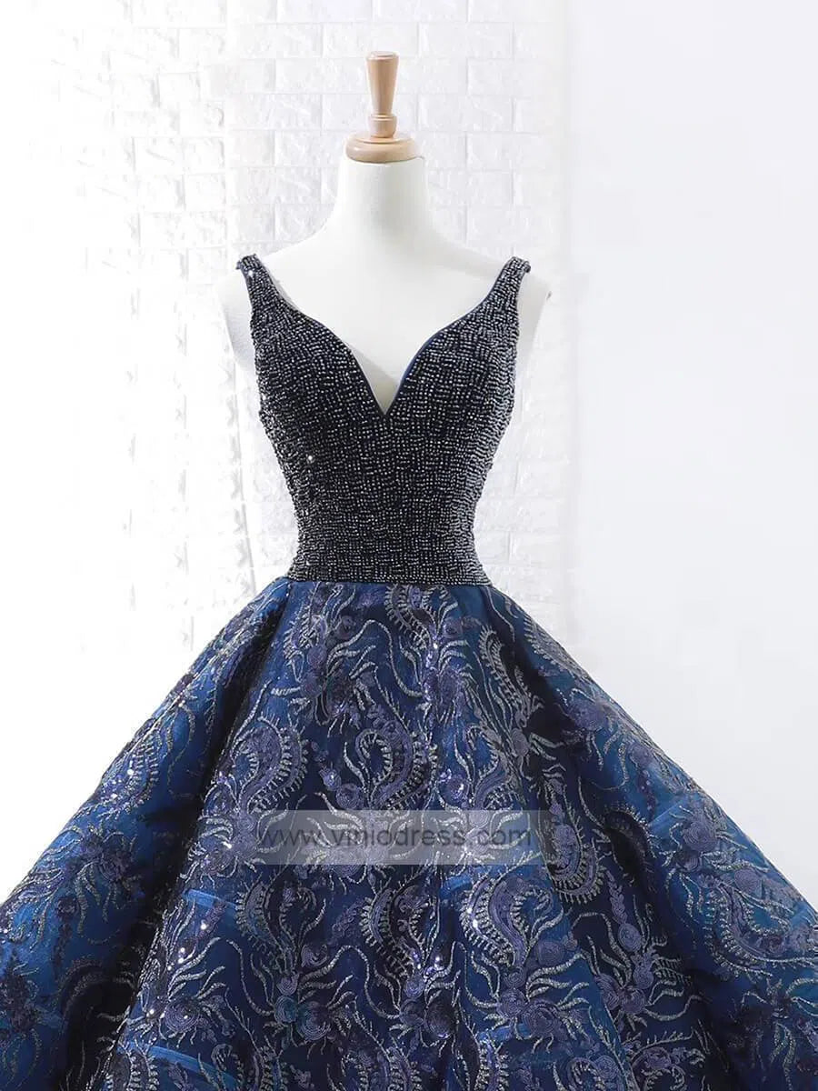 Prom Dress 2025 Vintage Blue Lace Long Prom Dresses Beading Quinceanera Dresses FD1126 viniodress-unique prom dresses-Navy Blue-US 2-Viniodress