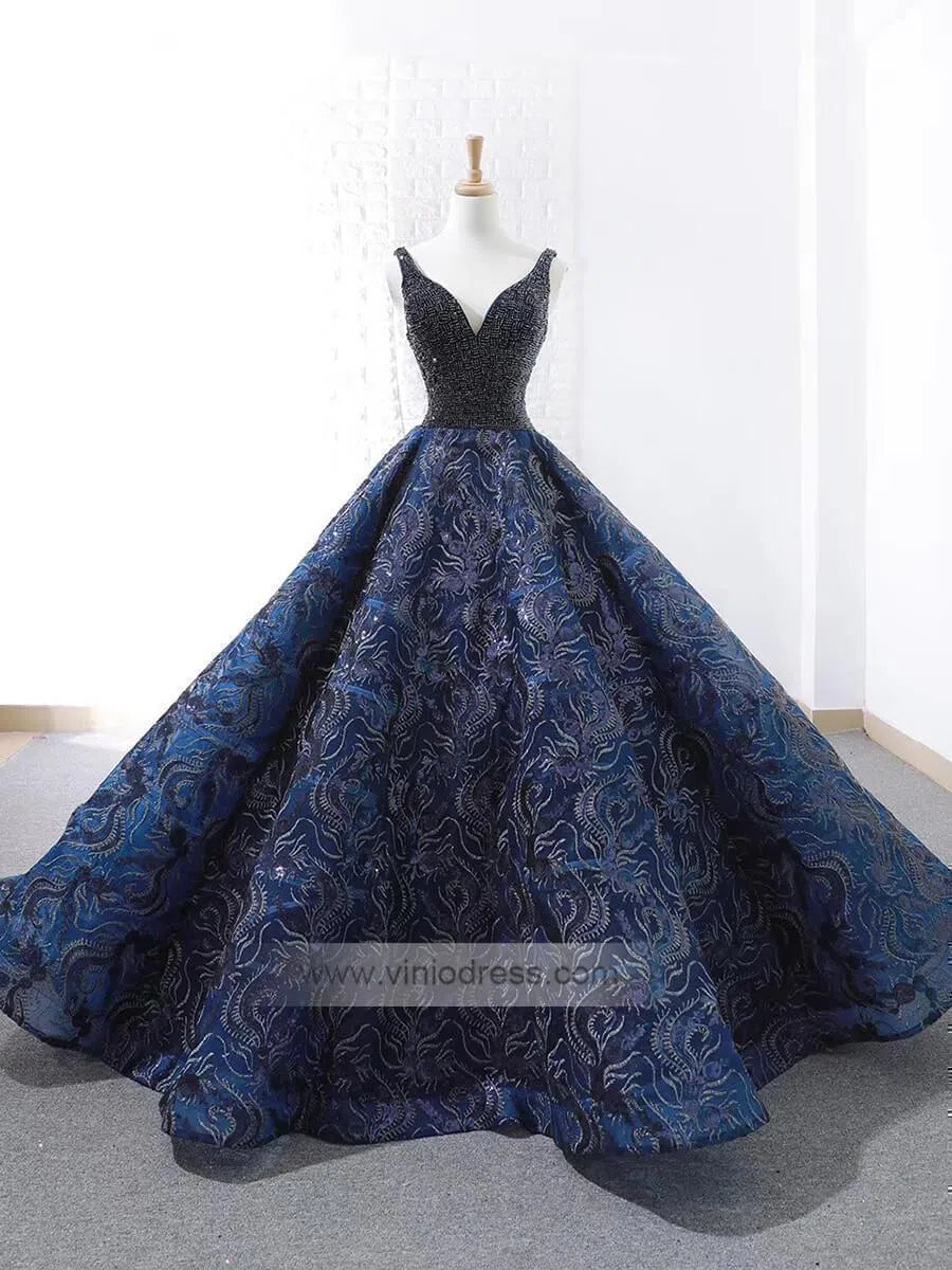 Prom Dress 2025 Vintage Blue Lace Long Prom Dresses Beading Quinceanera Dresses FD1126 viniodress-unique prom dresses-Navy Blue-US 2-Viniodress