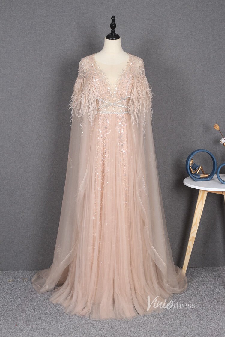 Vintage Blush Pink Prom Dresses with Long Cape FD2481-Evening Dresses 2025 -Viniodress-Blush Pink-US 2-