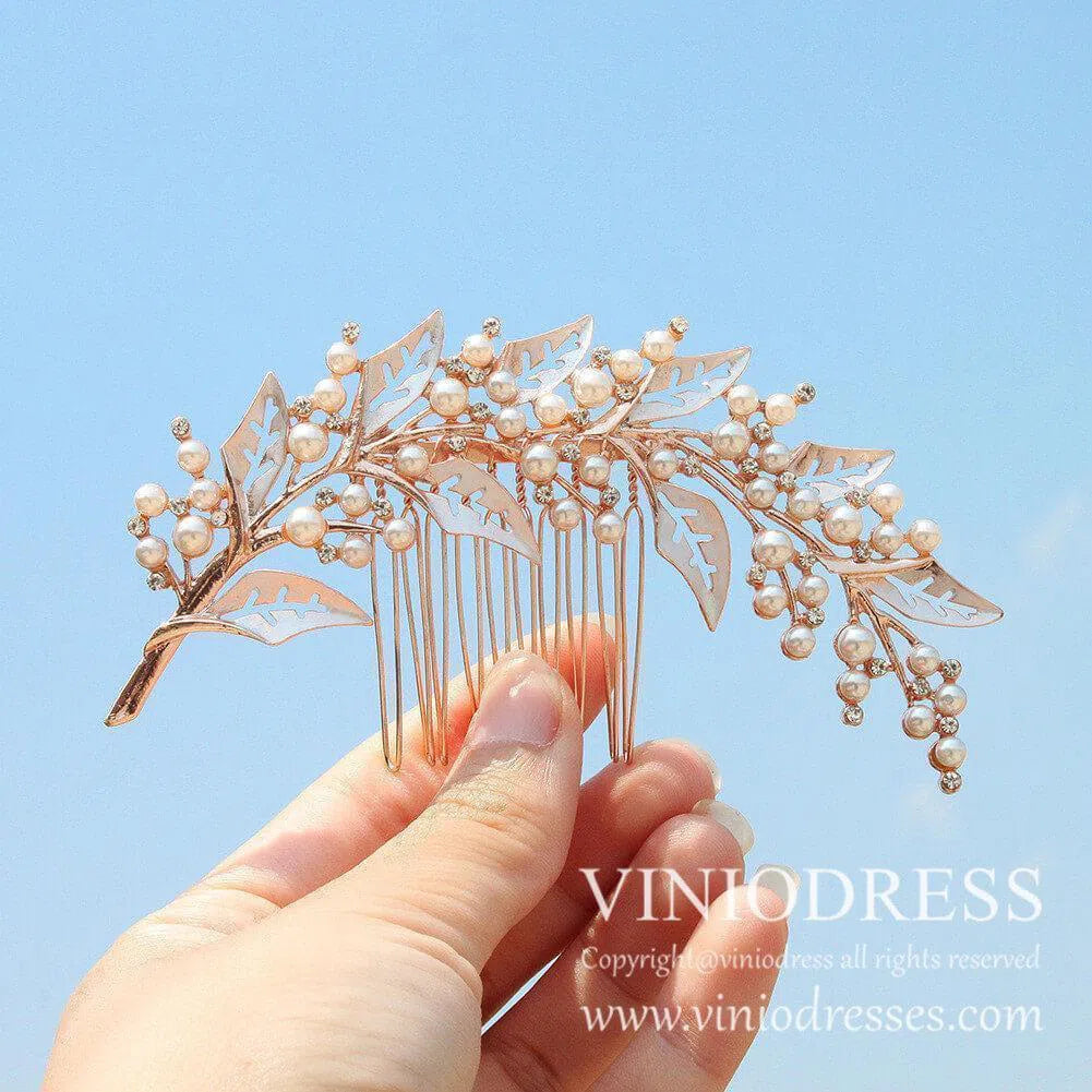 Vintage Bridal Comb with Pearl and Leaf AC1066-Headpieces 2025 -Viniodress-Gold-