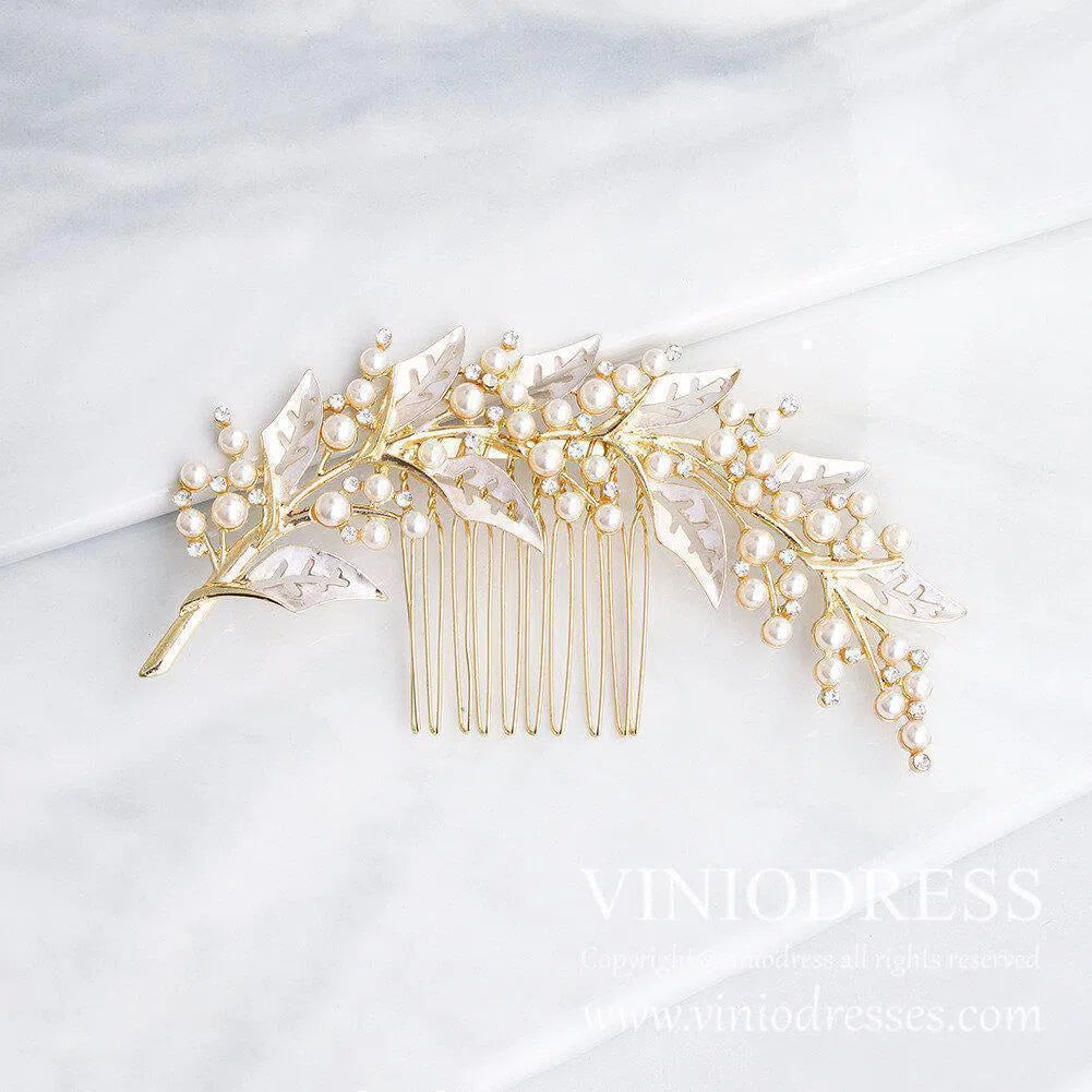 Vintage Bridal Comb with Pearl and Leaf AC1066-Headpieces 2025 -Viniodress-Gold-