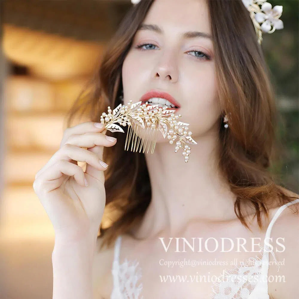 Vintage Bridal Comb with Pearl and Leaf AC1066-Headpieces 2025 -Viniodress-Gold-