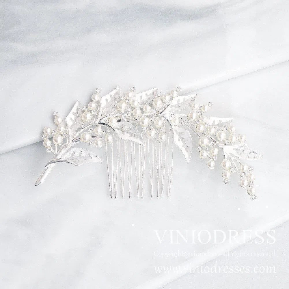 Vintage Bridal Comb with Pearl and Leaf AC1066-Headpieces 2025 -Viniodress-Silver-