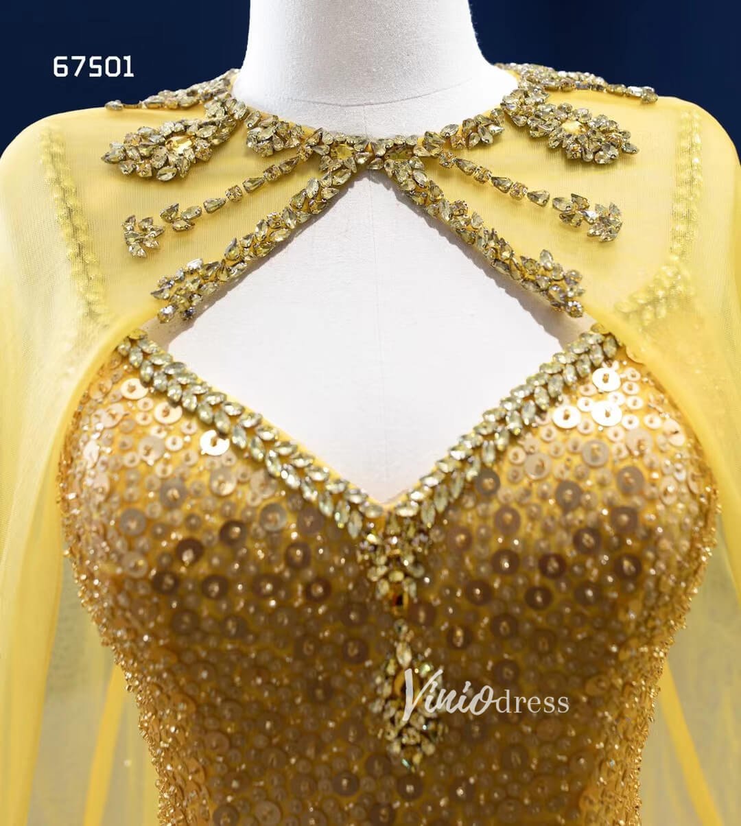 Vintage Bright Gold Mermaid Wedding Dresses with Cape 67501-wedding dresses 2025 -Viniodress-Gold-Custom Size-