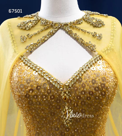Vintage Bright Gold Mermaid Wedding Dresses with Cape 67501-wedding dresses 2025 -Viniodress-Gold-Custom Size-