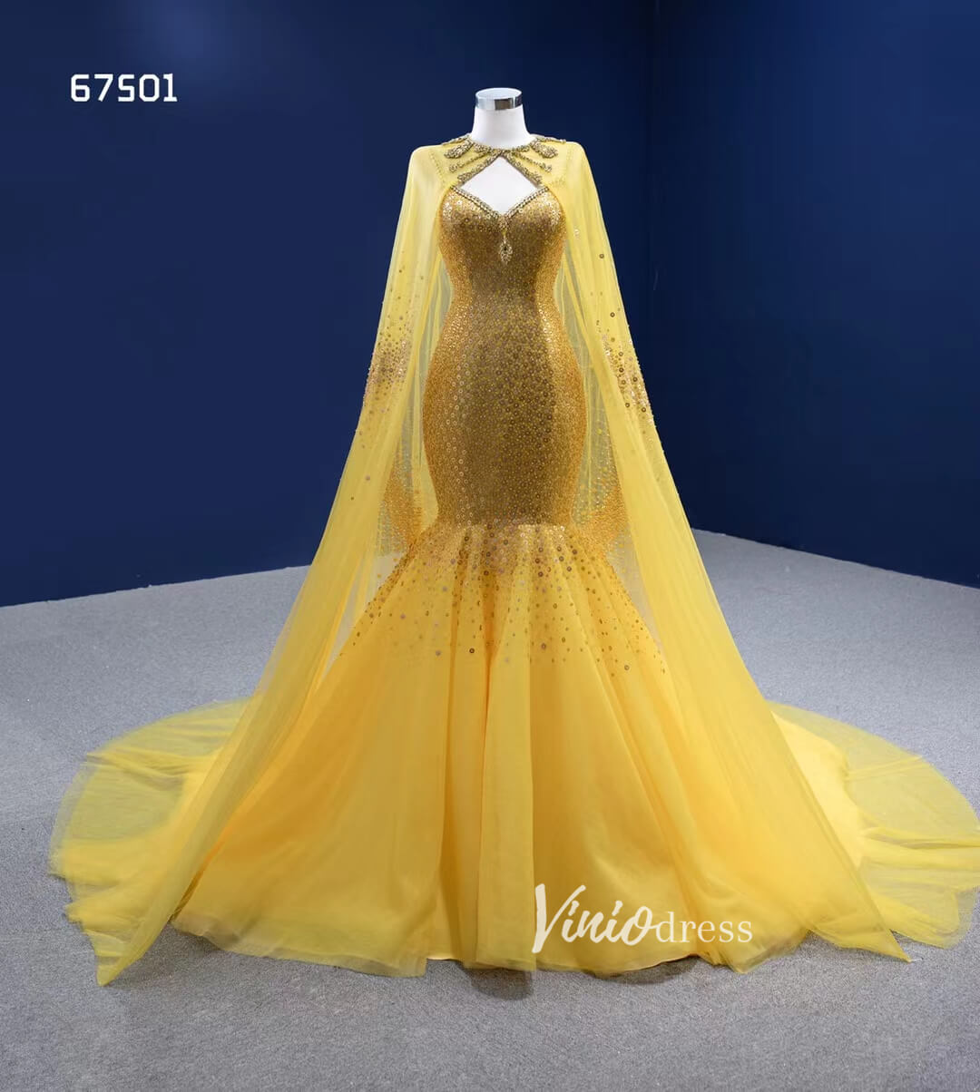 Vintage Bright Gold Mermaid Wedding Dresses with Cape 67501 Viniodress Vintage Bright Gold Mermaid Wedding Dresses with Cape 67501 Viniodress