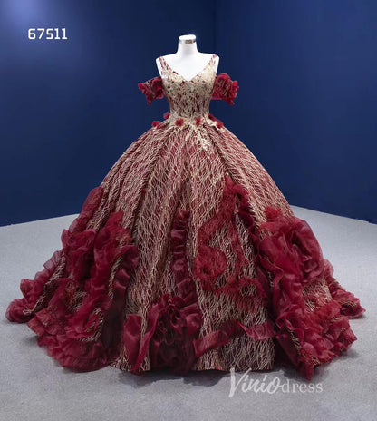 Vintage Burgundy Flower Ball Gown Sweet 16 Dress Gold Lace Quince Dress 67511-Quinceanera Dresses 2025 -Viniodress-Burgundy-Custom Size-