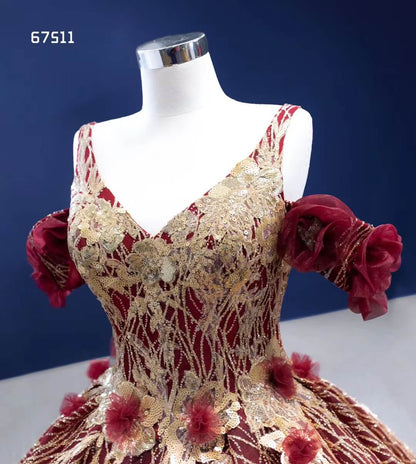 Vintage Burgundy Flower Ball Gown Sweet 16 Dress Gold Lace Quince Dress 67511-Quinceanera Dresses 2025 -Viniodress-Burgundy-Custom Size-