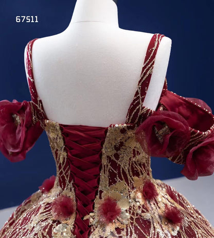 Vintage Burgundy Flower Ball Gown Sweet 16 Dress Gold Lace Quince Dress 67511-Quinceanera Dresses 2025 -Viniodress-Burgundy-Custom Size-