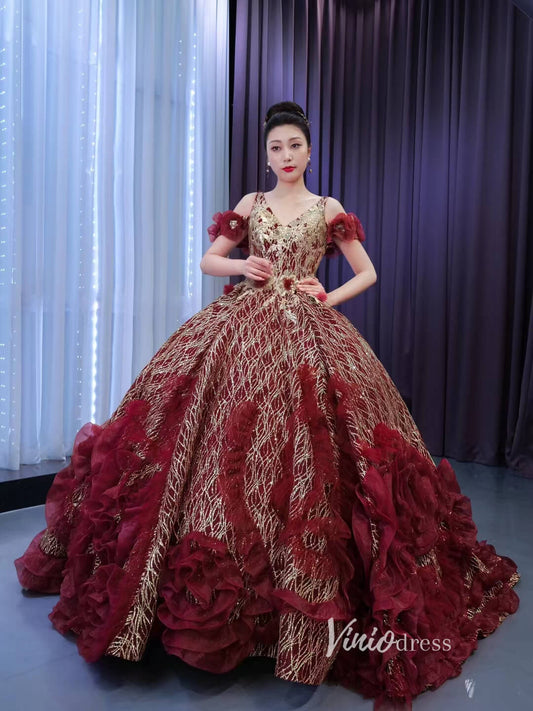 Vintage Burgundy Flower Ball Gown Sweet 16 Dress Gold Lace Quince Dress 67511-Quinceanera Dresses 2025 -Viniodress-Burgundy-Custom Size-
