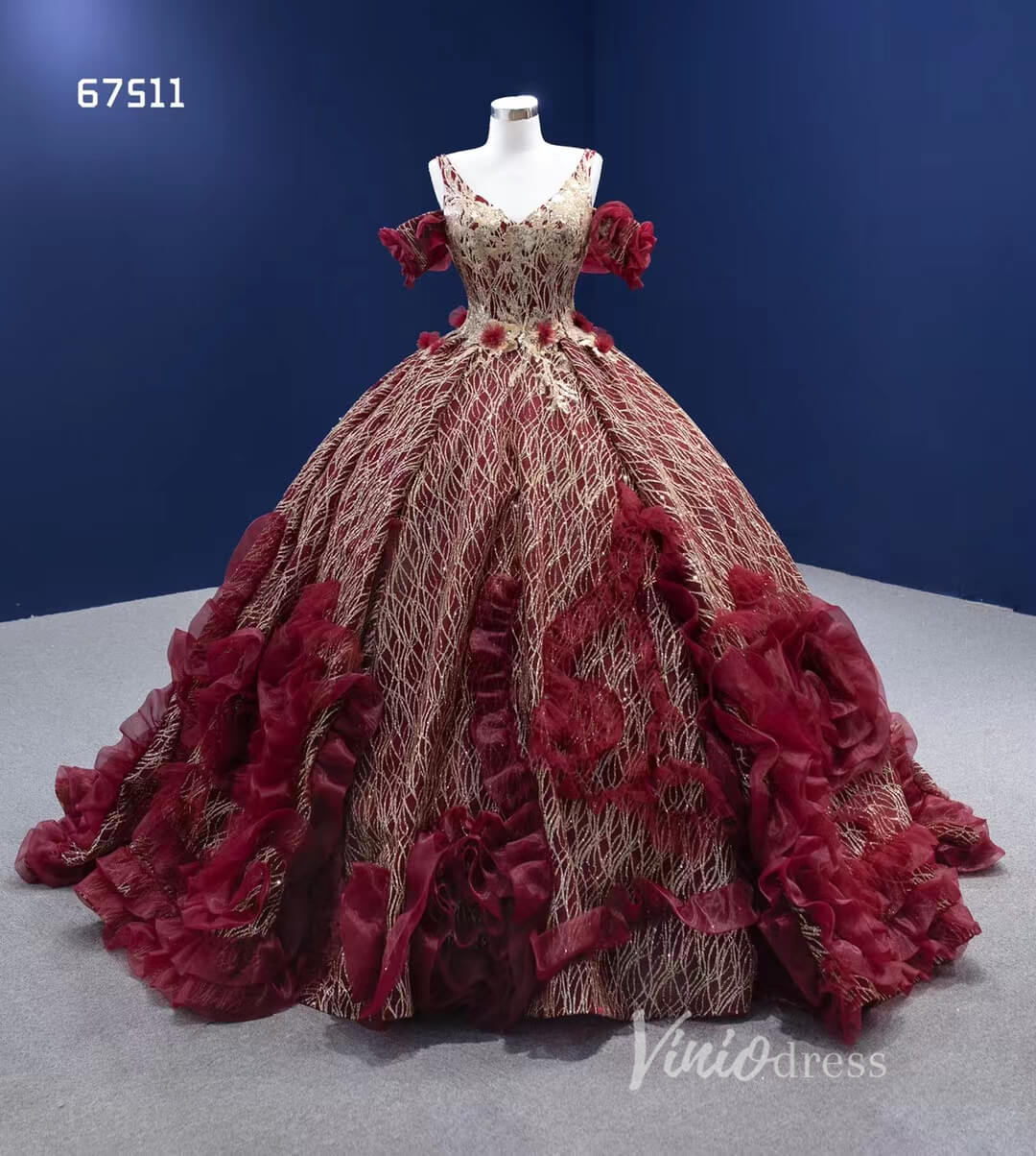 Vintage Burgundy Flower Ball Gown Sweet 16 Dress Gold Lace Quince Dress 67511-Quinceanera Dresses-Viniodress-Viniodress